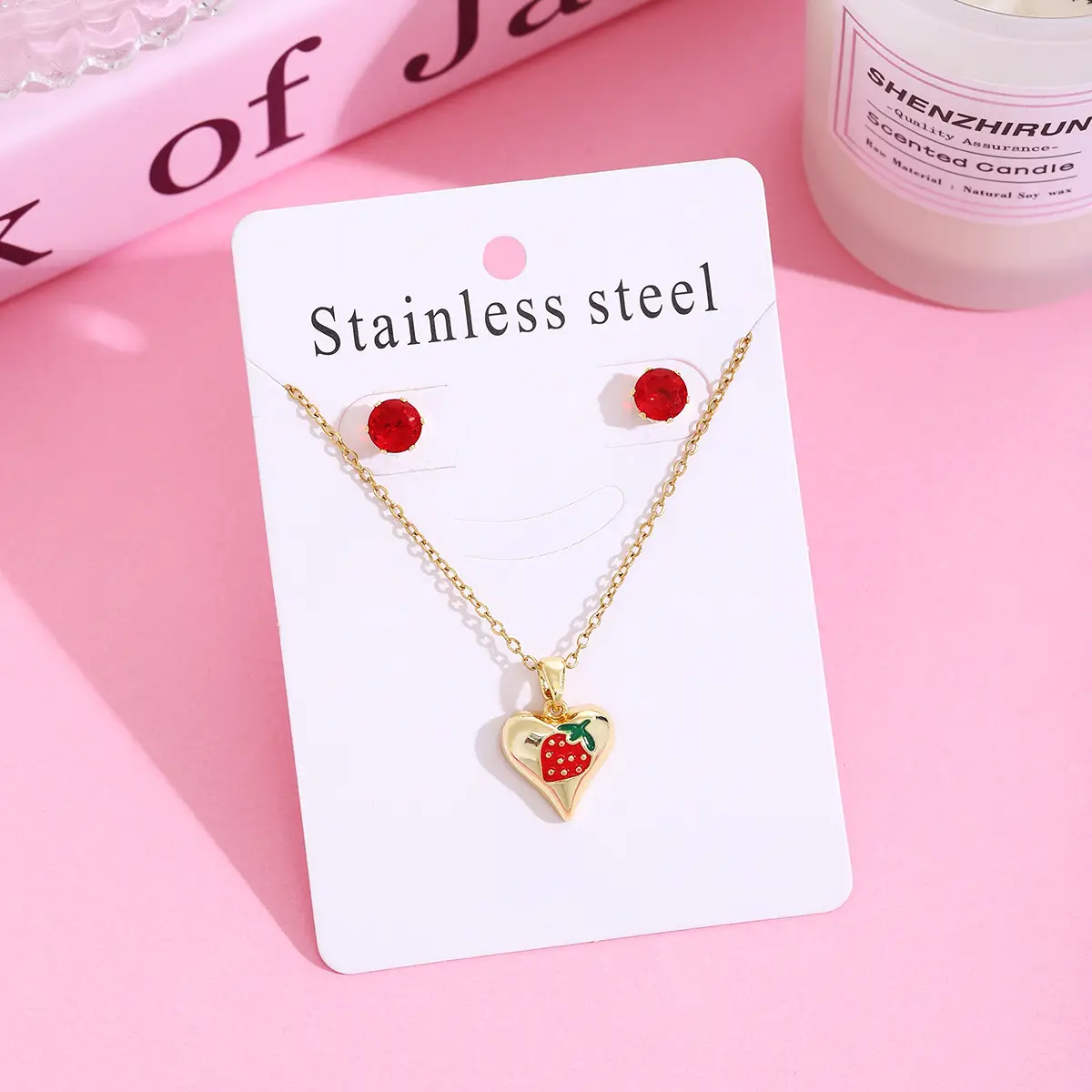 Japanese Korean Style Strawberry Cherry Necklace Earrings Set 304 Stainless Steel - Image 2
