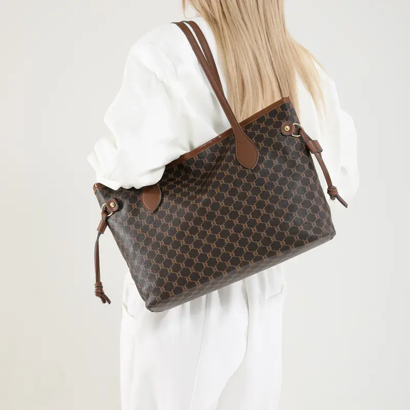 Cross-border Retro Printed Tote Bag Brown Leather Handle - Image 7