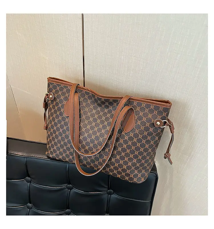 Cross-border Retro Printed Tote Bag Brown Leather Handle - Image 2
