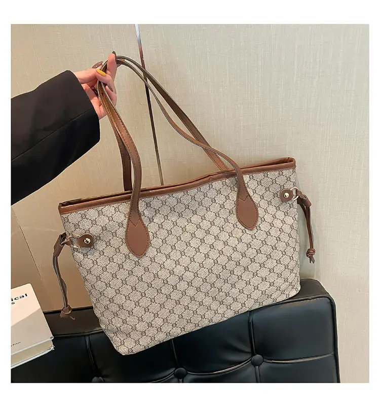 Cross-border Retro Printed Tote Bag Brown Leather Handle - Image 3