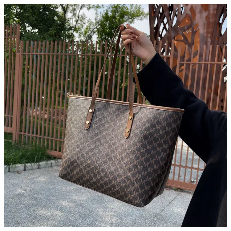 High-End Printed Leather Tote Bag Brown Cross-Border New - Image 2