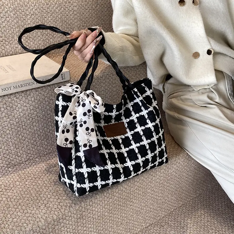 Women's Black White Checkered Shoulder Bag with Drawstring Handle - Image 4