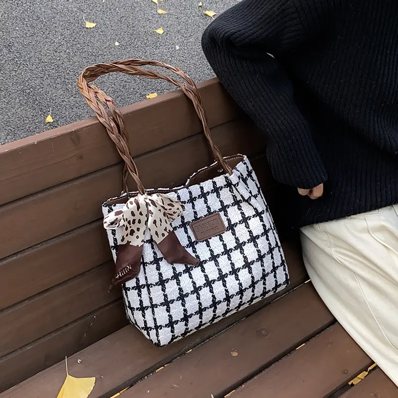 Women's Black White Checkered Shoulder Bag with Drawstring Handle - Image 5