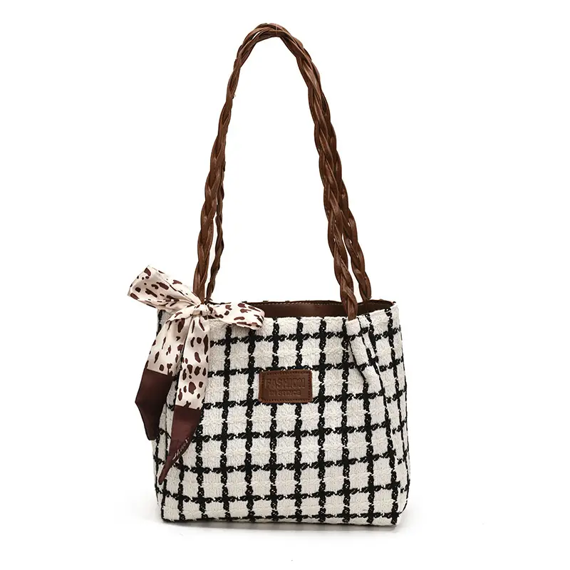 Women's Black White Checkered Shoulder Bag with Drawstring Handle - Image 7