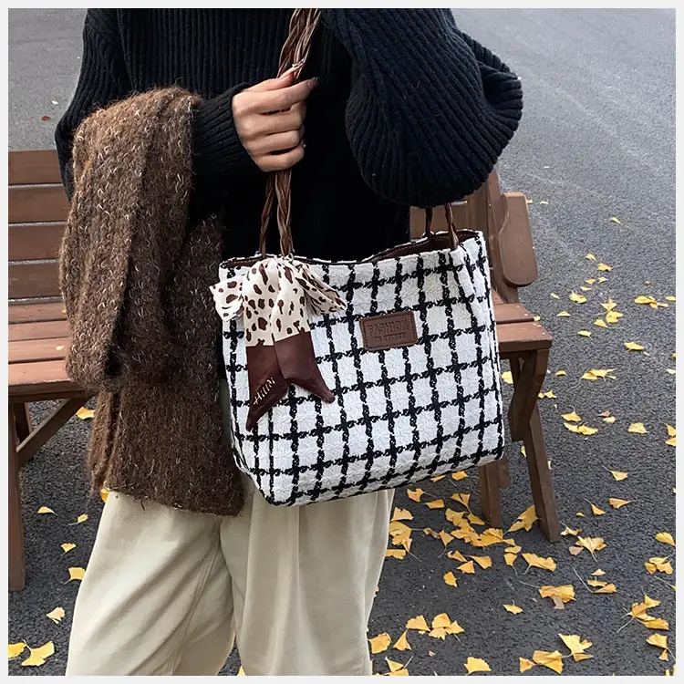 Women's Black White Checkered Shoulder Bag with Drawstring Handle — feature 11