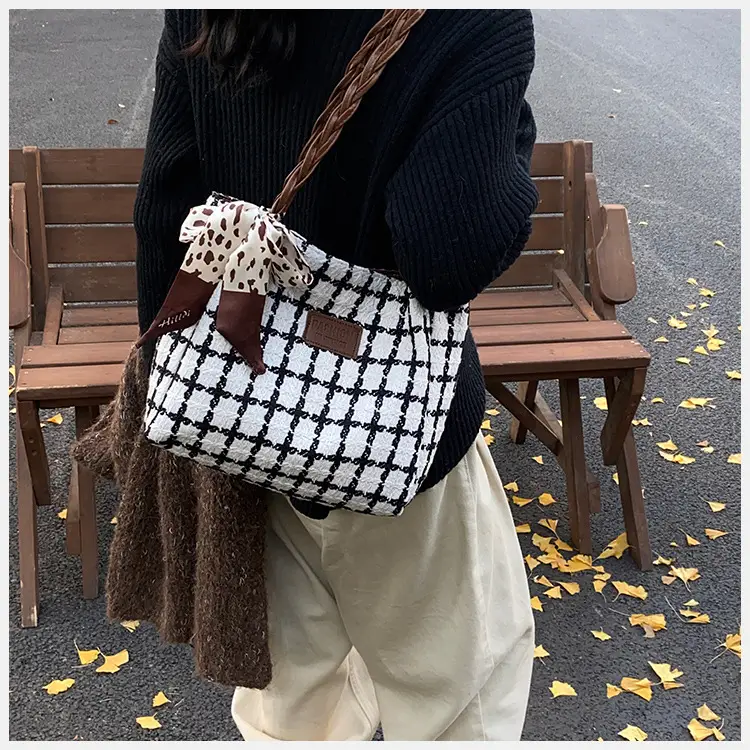 Women's Black White Checkered Shoulder Bag with Drawstring Handle — feature 12