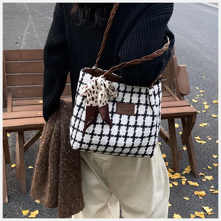 Women's Black White Checkered Shoulder Bag with Drawstring Handle — feature 13