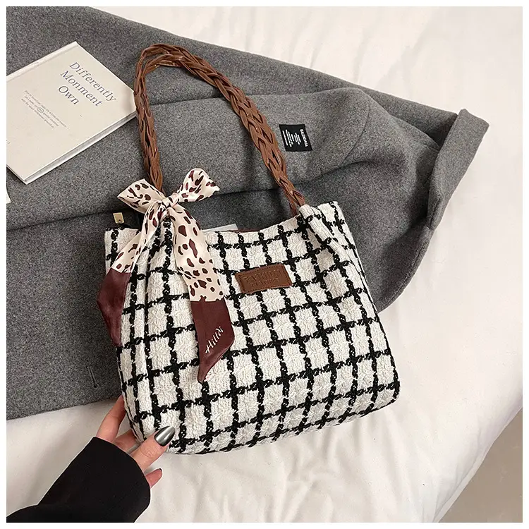 Women's Black White Checkered Shoulder Bag with Drawstring Handle — feature 14