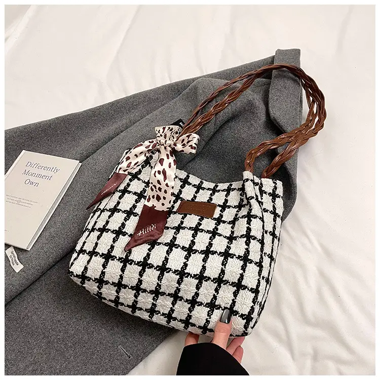 Women's Black White Checkered Shoulder Bag with Drawstring Handle — feature 15