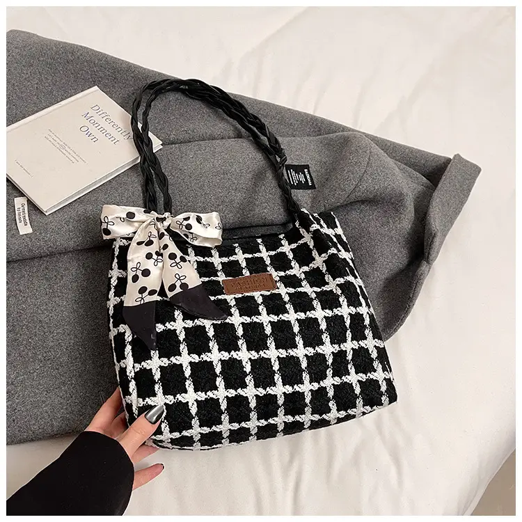 Women's Black White Checkered Shoulder Bag with Drawstring Handle — feature 16