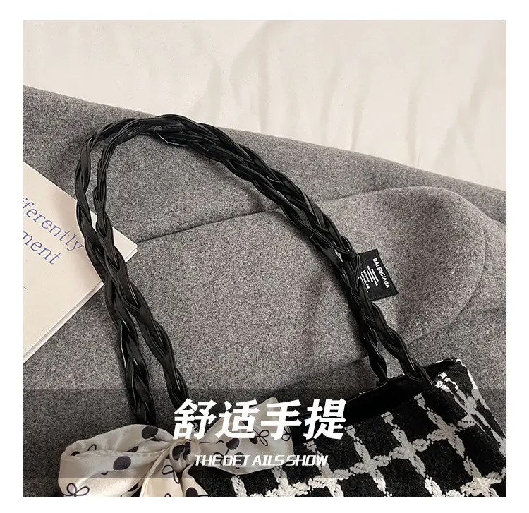 Women's Black White Checkered Shoulder Bag with Drawstring Handle — feature 5