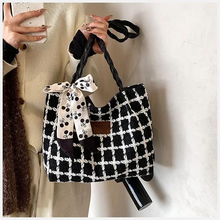 Women's Black White Checkered Shoulder Bag with Drawstring Handle — feature 6