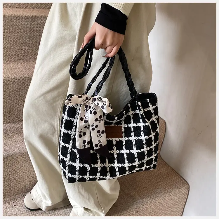 Women's Black White Checkered Shoulder Bag with Drawstring Handle — feature 7
