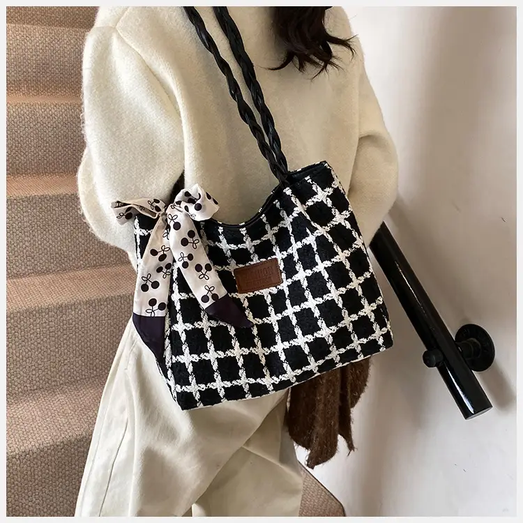 Women's Black White Checkered Shoulder Bag with Drawstring Handle — feature 8
