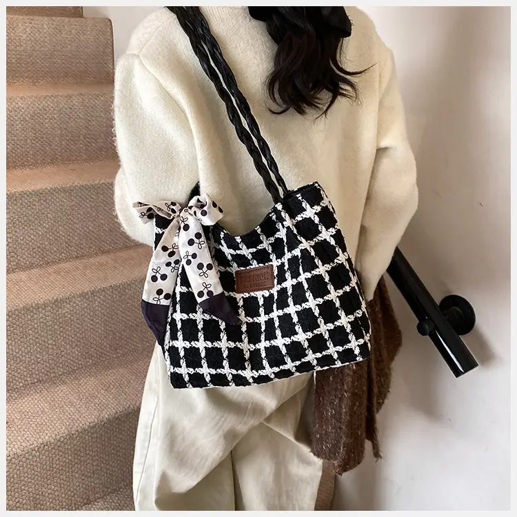 Women's Black White Checkered Shoulder Bag with Drawstring Handle — feature 9