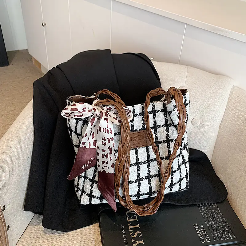Women's Black White Checkered Shoulder Bag with Drawstring Handle - Image 2