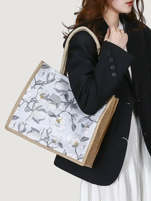 Large Capacity Linen Floral Tote Bag for Women