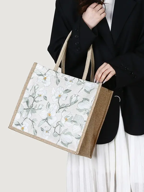 Large Capacity Linen Floral Tote Bag for Women