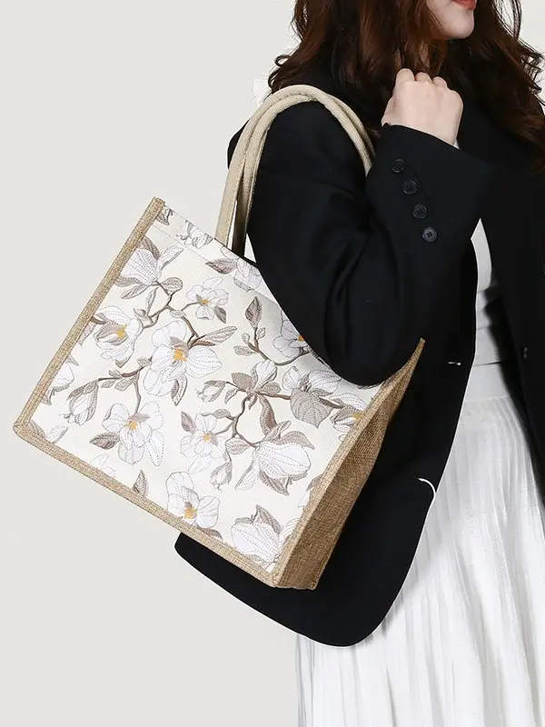 Large Capacity Linen Floral Tote Bag for Women