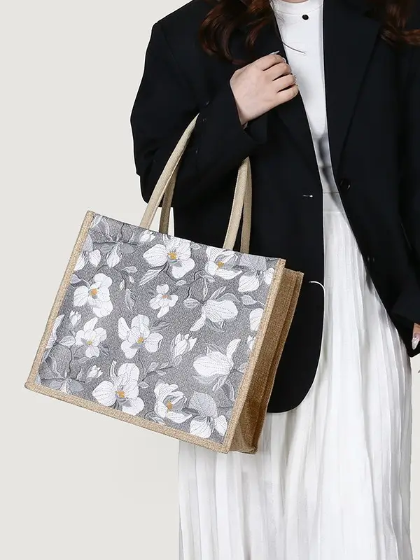 Large Capacity Linen Floral Tote Bag for Women