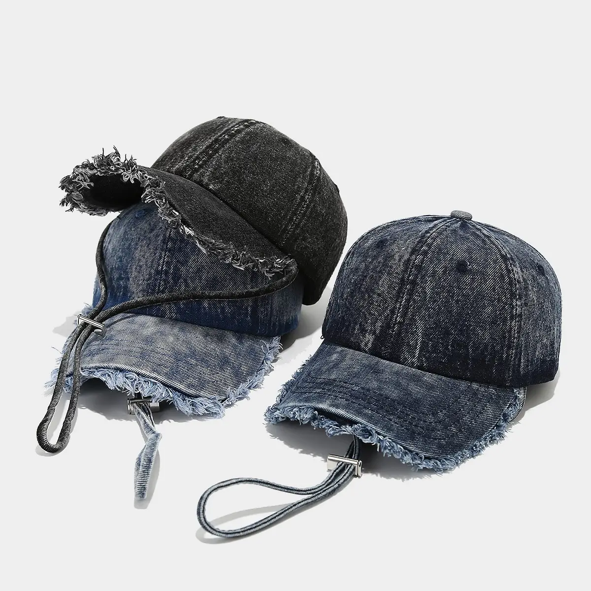 Japanese Artistic Retro Denim Baseball Cap with Windproof Rope