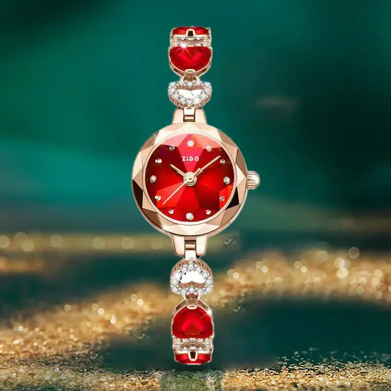Meibin Women's Red Crystal Quartz Watch Waterproof Bracelet - Image 6
