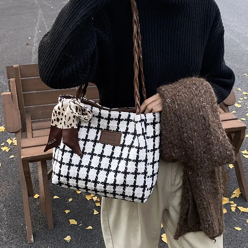 Women Woolen Plaid Shoulder Bag 2025 Spring New - Image 5