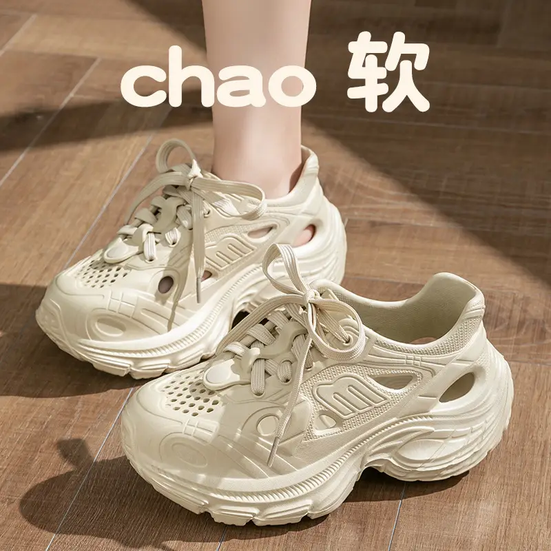 Croc Shoes Women's Summer Outer Wear Ins Trbottomy Fashion Lace-Up Thick Sole Increased Non-Slip Non-Slip Toe-Toe Daddy Shoes for Women - Image 3