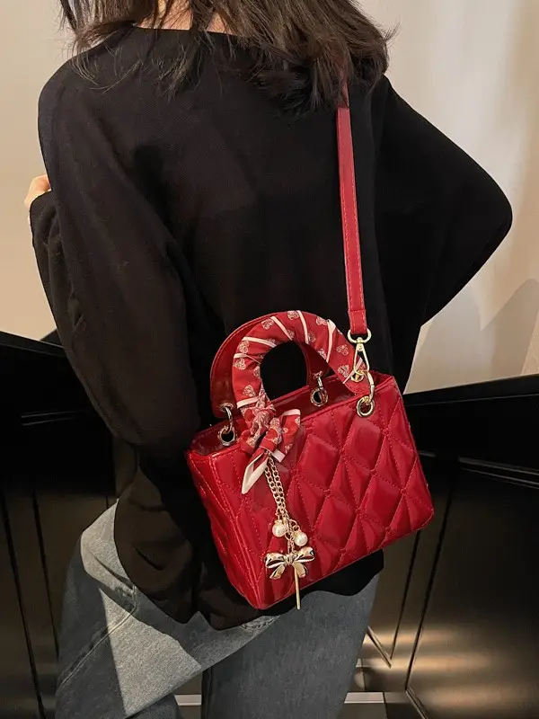 Red Diamond Quilted Mini Princess Bag for Women - Image 5