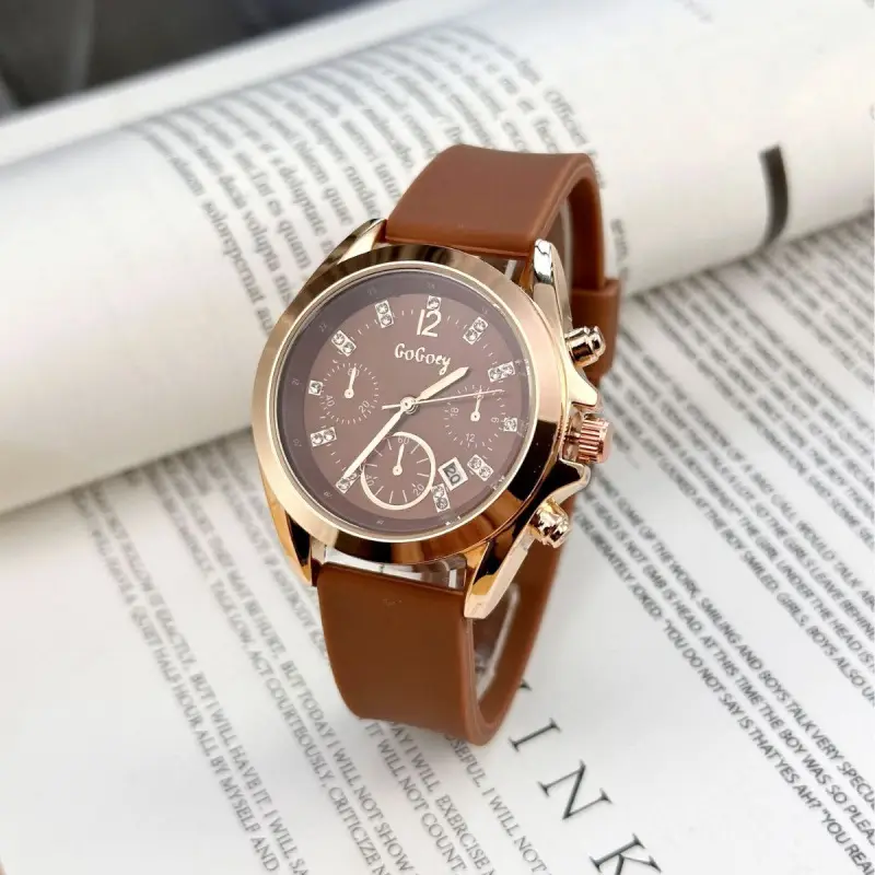 Women's Rose Gold Quartz Watch with Brown Silicone Band - Image 10