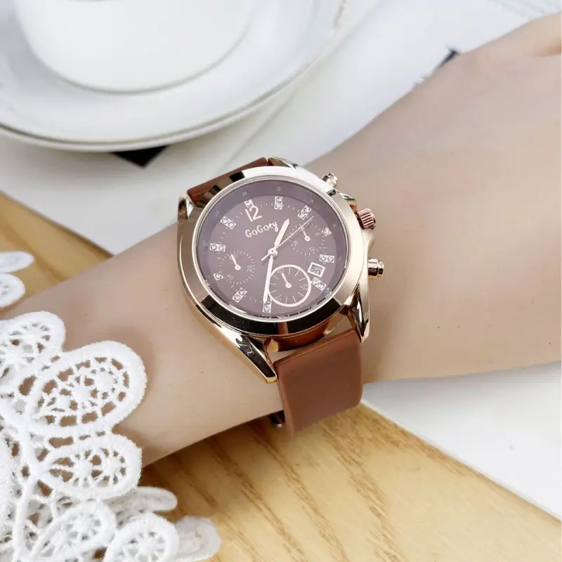 Women's Rose Gold Quartz Watch with Brown Silicone Band - Image 11