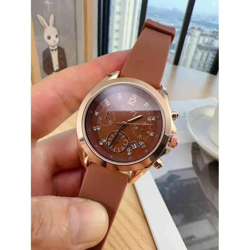 Women's Rose Gold Quartz Watch with Brown Silicone Band - Image 2