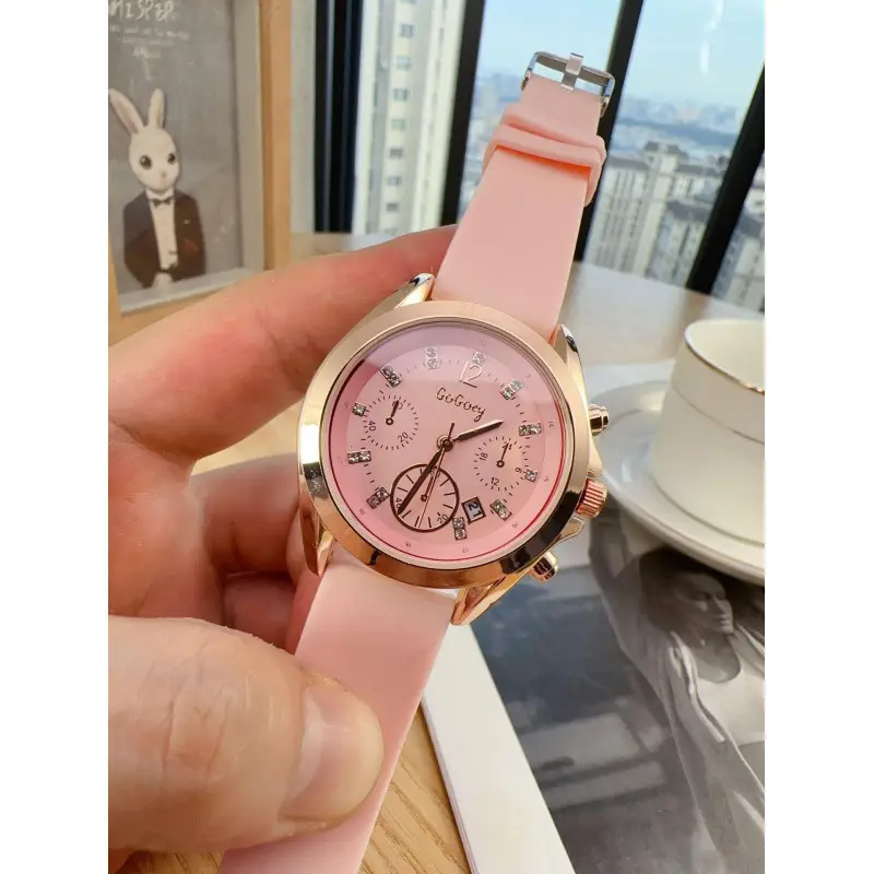 Women's Rose Gold Quartz Watch with Brown Silicone Band - Image 3