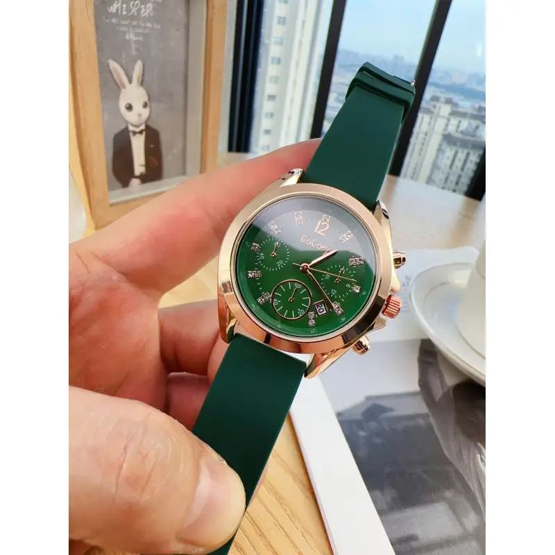 Women's Rose Gold Quartz Watch with Brown Silicone Band - Image 5