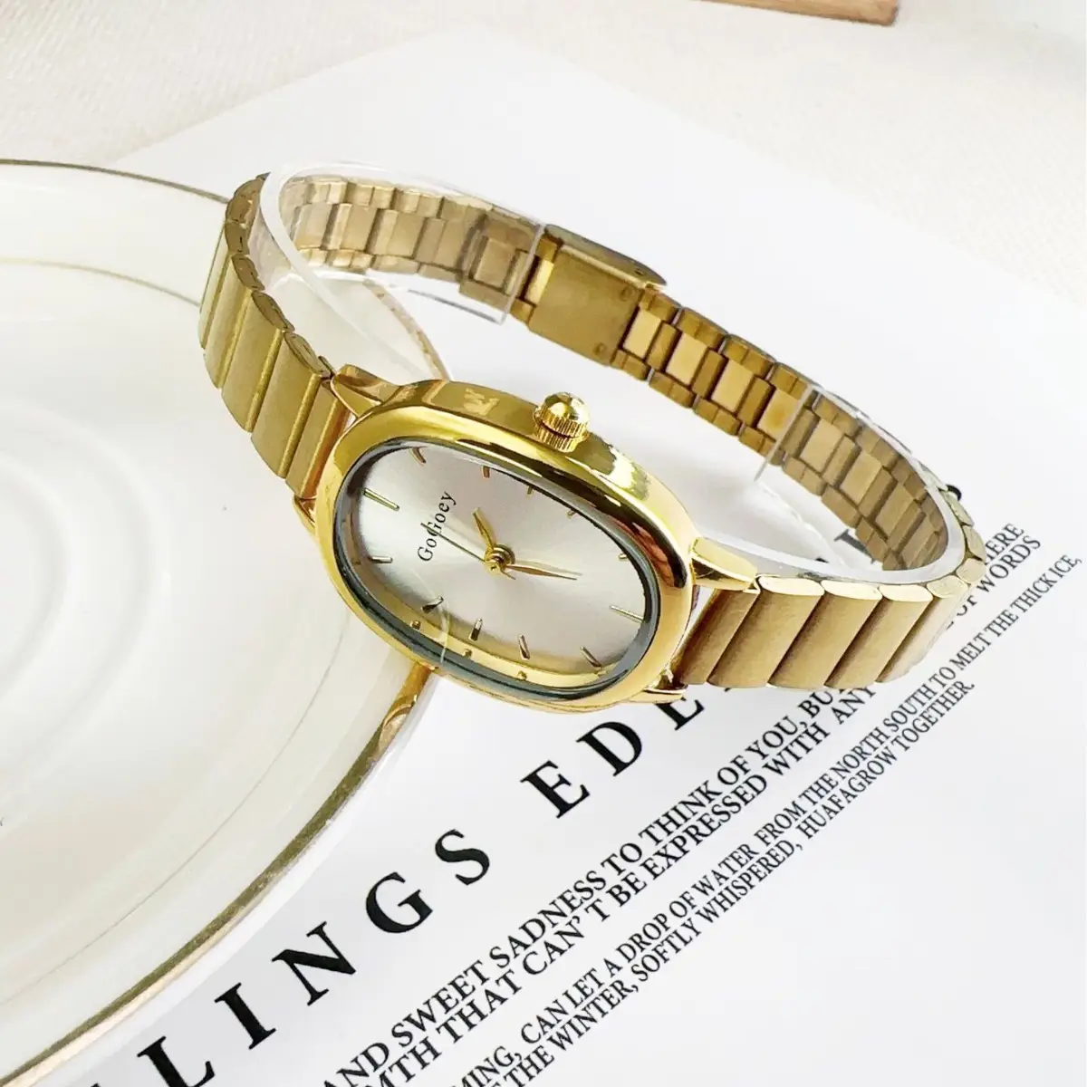 Gold Bamboo Ladies Watch with Black Dial - Image 8