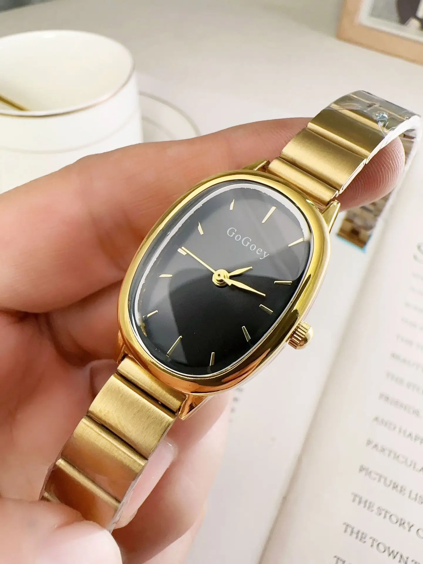 Gold Bamboo Ladies Watch with Black Dial - Image 3