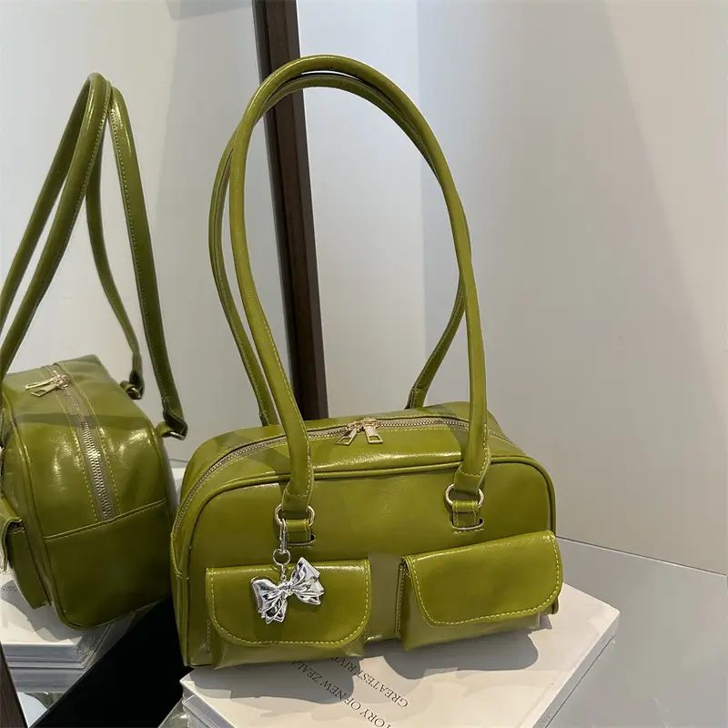 Green Leather Shoulder Bag with Butterfly Charm - Image 5