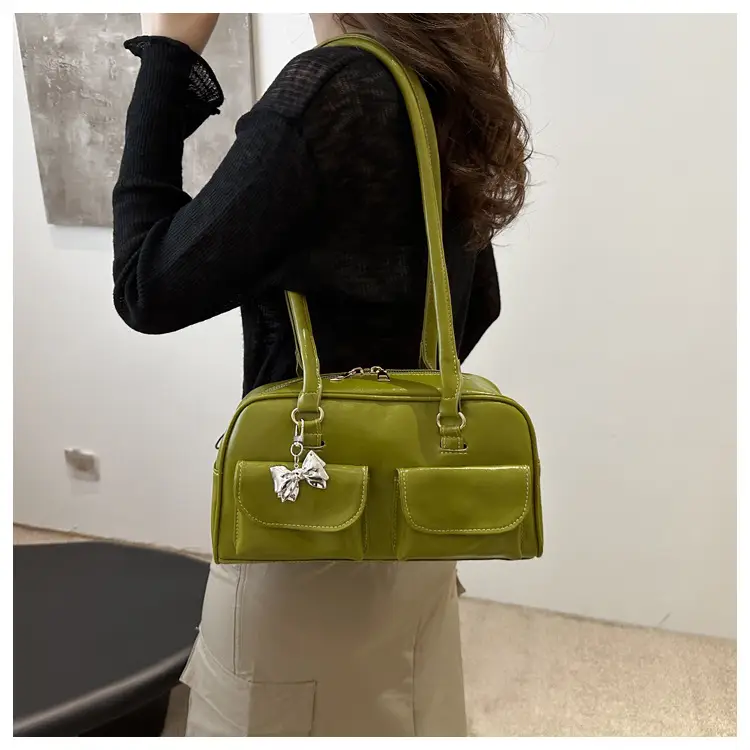 Green Leather Shoulder Bag with Butterfly Charm — feature 10