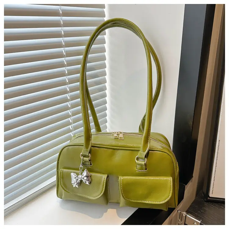 Green Leather Shoulder Bag with Butterfly Charm — feature 19