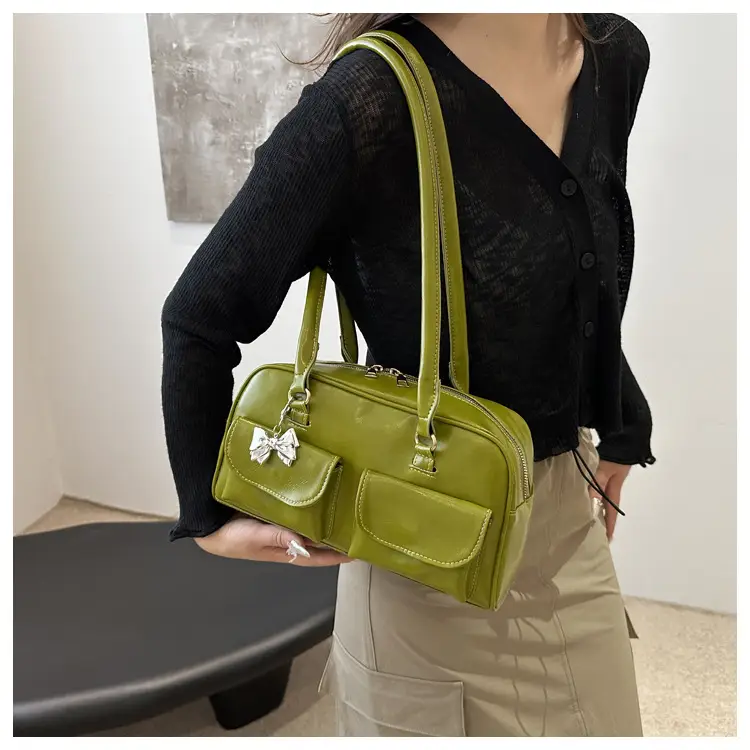 Green Leather Shoulder Bag with Butterfly Charm — feature 9