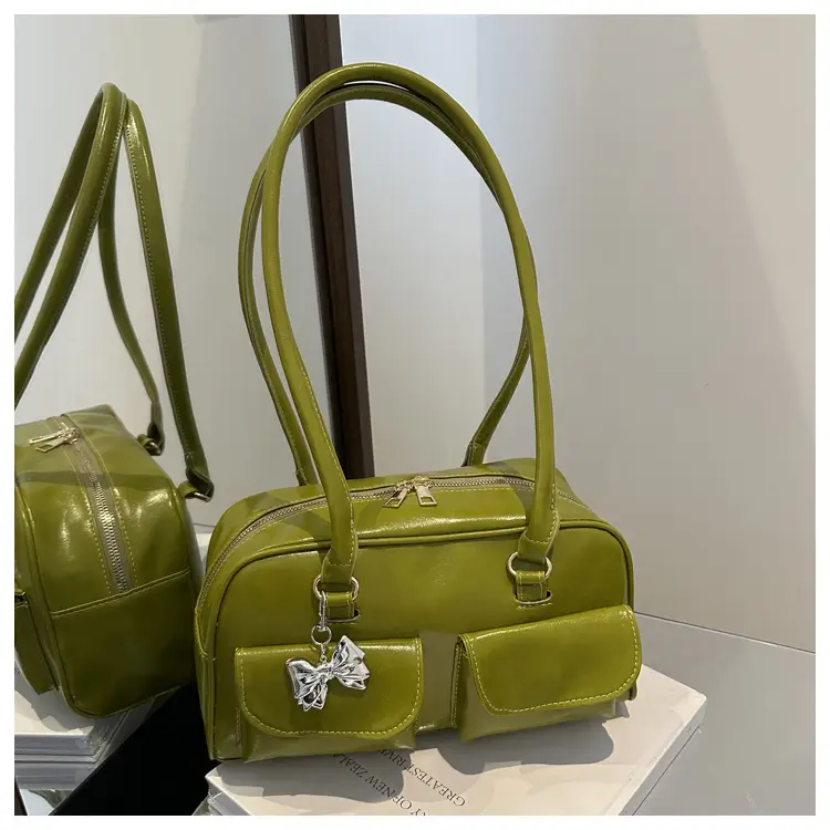 Green Leather Shoulder Bag with Butterfly Charm - Image 3