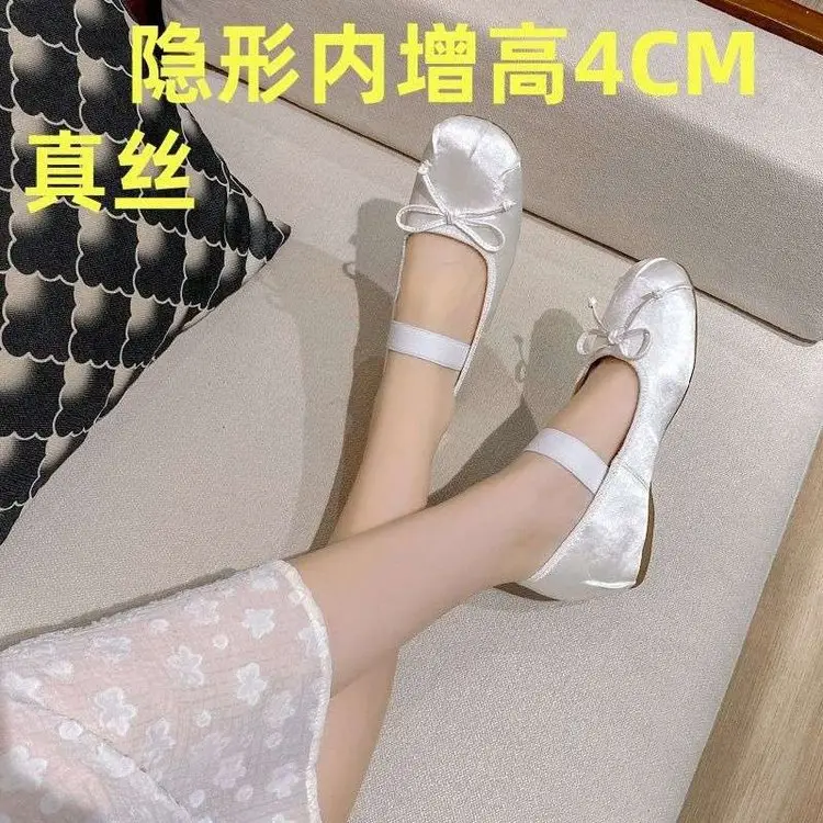 Korean Style Small Height-raising Women's Shoes 5cm2025 Lightweight Satin Bow New Mary Ballet Shoes — feature 2