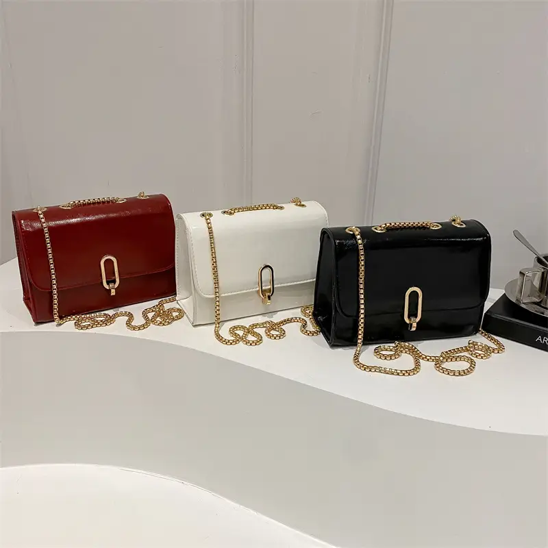 Red French Style Shoulder Bag with Gold Chain - Image 7