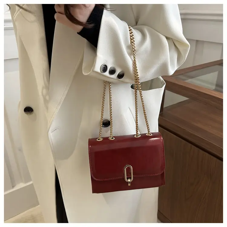 Red French Style Shoulder Bag with Gold Chain — feature 13