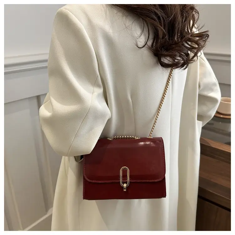 Red French Style Shoulder Bag with Gold Chain — feature 14
