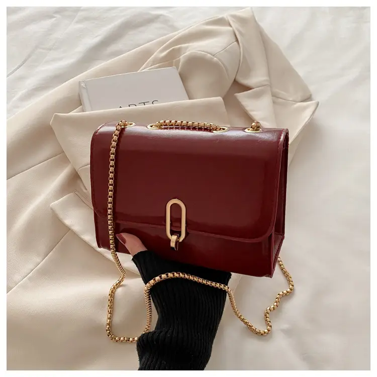 Red French Style Shoulder Bag with Gold Chain — feature 17