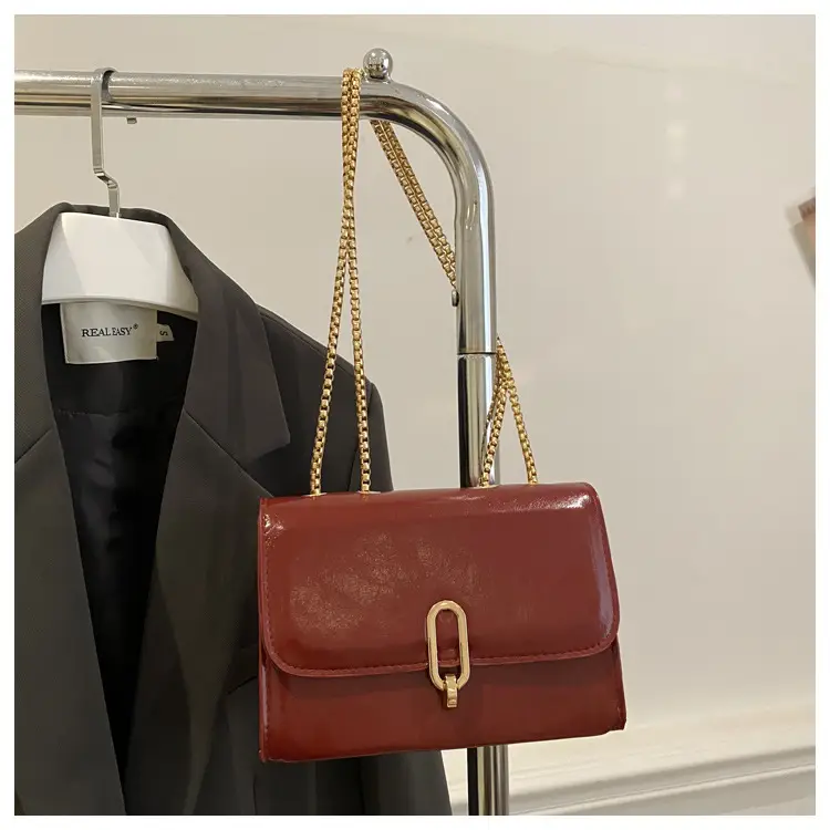 Red French Style Shoulder Bag with Gold Chain — feature 20
