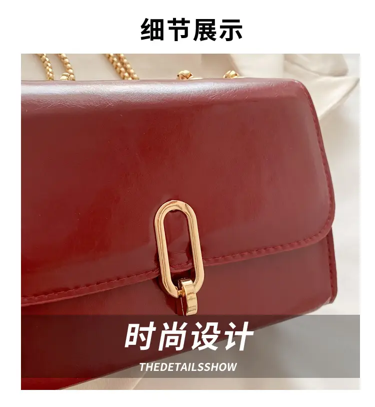 Red French Style Shoulder Bag with Gold Chain — feature 4
