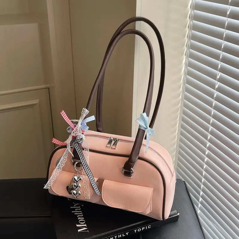 Women's Pink Retro Shoulder Bag with Crystal Tassel - Image 5