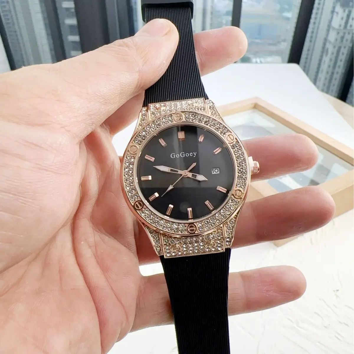 Red Full Diamond Women's Quartz Watch with Red Strap